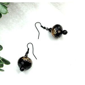 Black and Gold Foil Resin Bead Dangle Earrings With Fishhook Backings